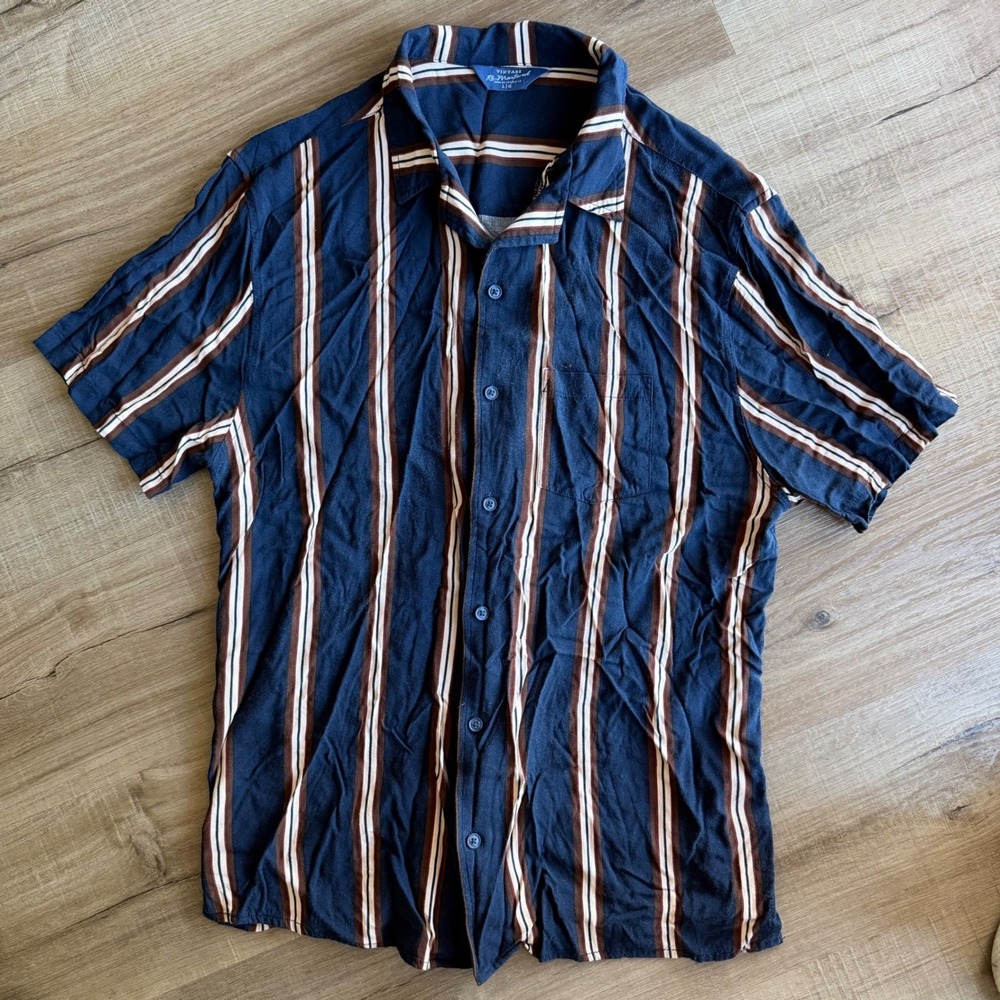 Vintage Re-Mastered Mens Navy Blue Striped Short Sleeve Shirt Large